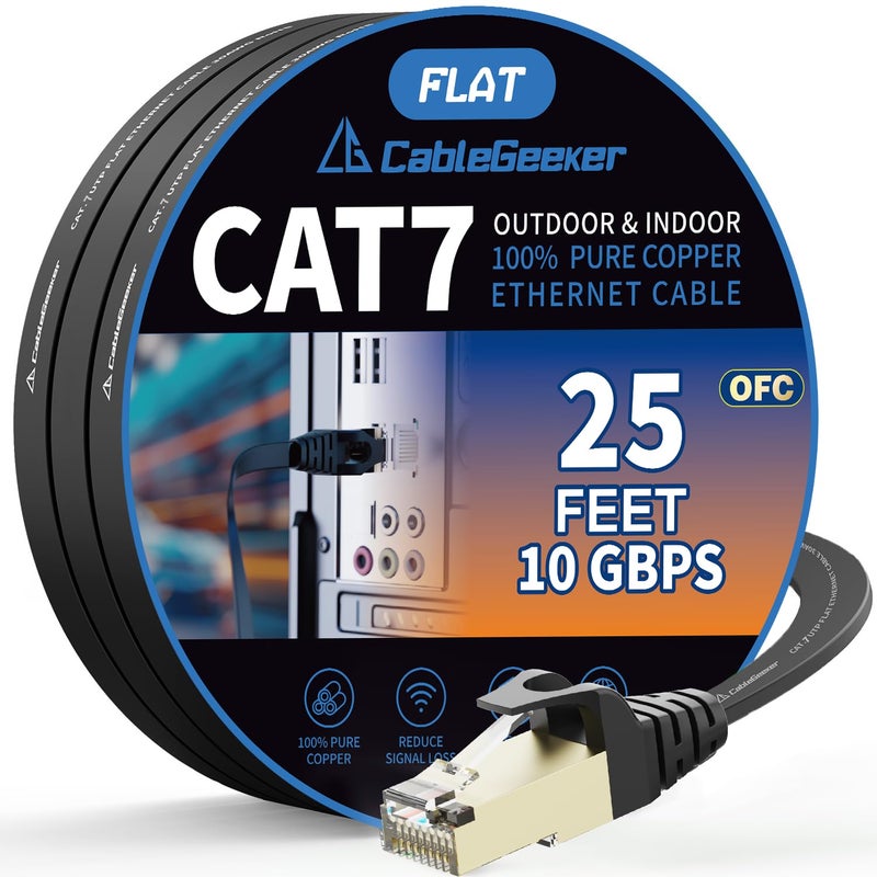 CableGeeker Cat7 Shielded Ethernet Cable 25ft (Highest Speed Cable) Flat Ethernet Patch Cable Support Cat5/Cat6 Network,600Mhz,10Gbps - Black Computer Cord + Free Clips and Straps for Router Xbox - Image 1